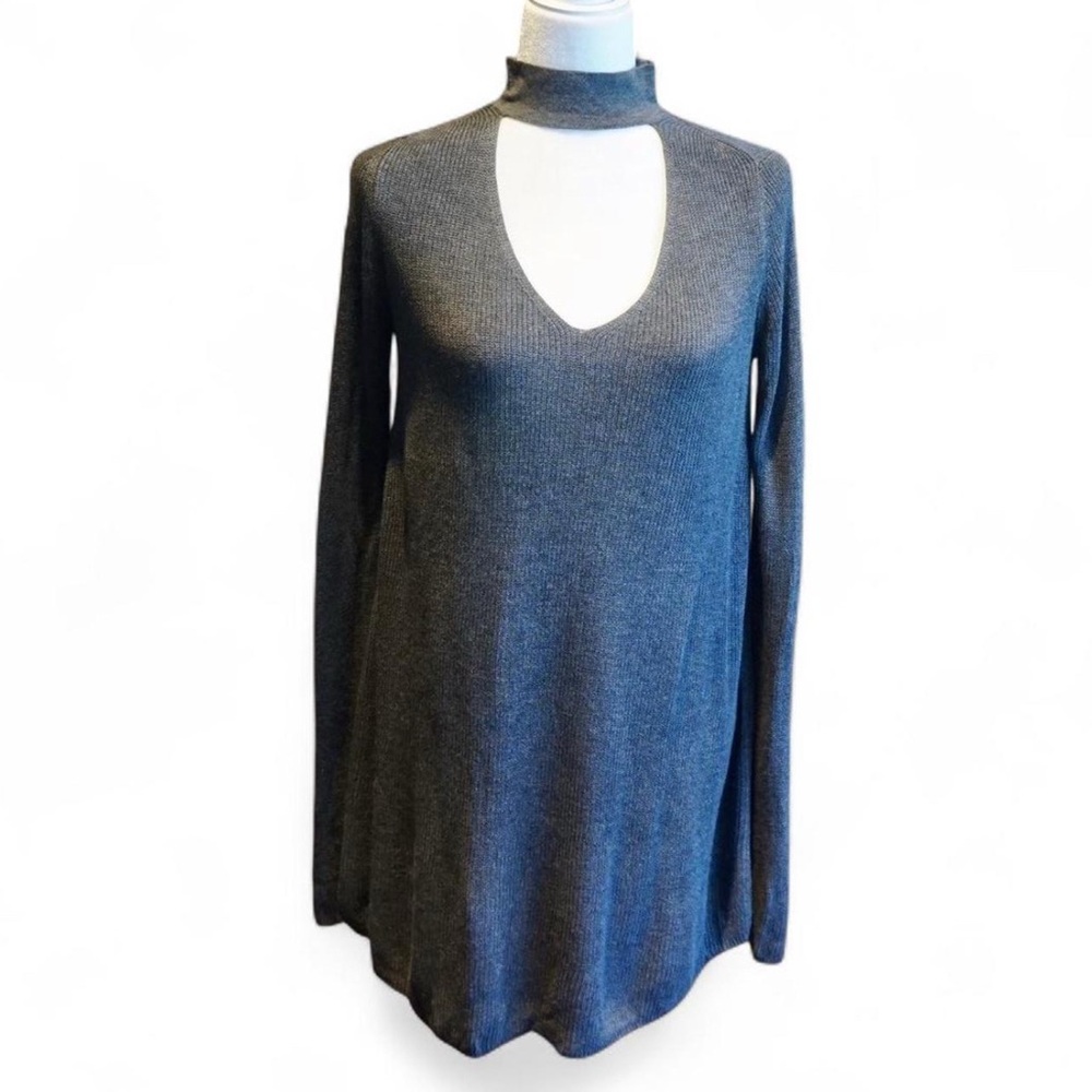 💚 NASTY GAL Gray Long Sleeve Mock Neck Front Keyhole Knit Sweater/Dress (S)